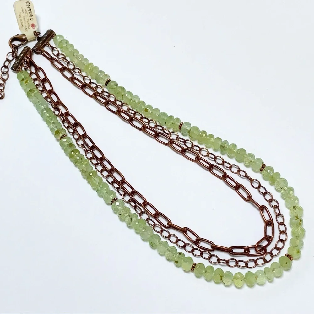 Green Gemstone (Prehnite) Copper Multi Strand Necklace Adjustable 17-19”